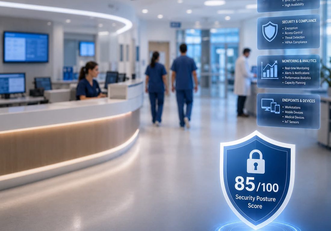 A clinical floor seen along a corridor, with a security score badge and panels of service names drawn over the scene