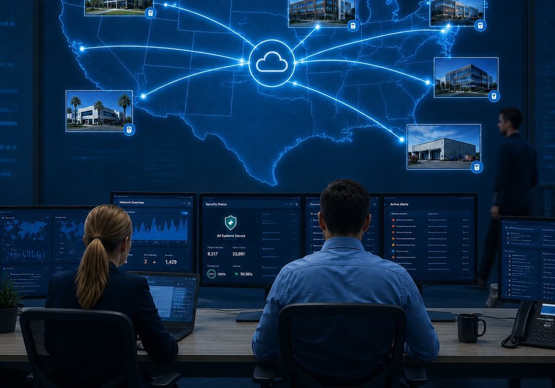 Two people at a bank of monitors in front of a wall-sized map of the United States, sites across the country linked to a central cloud