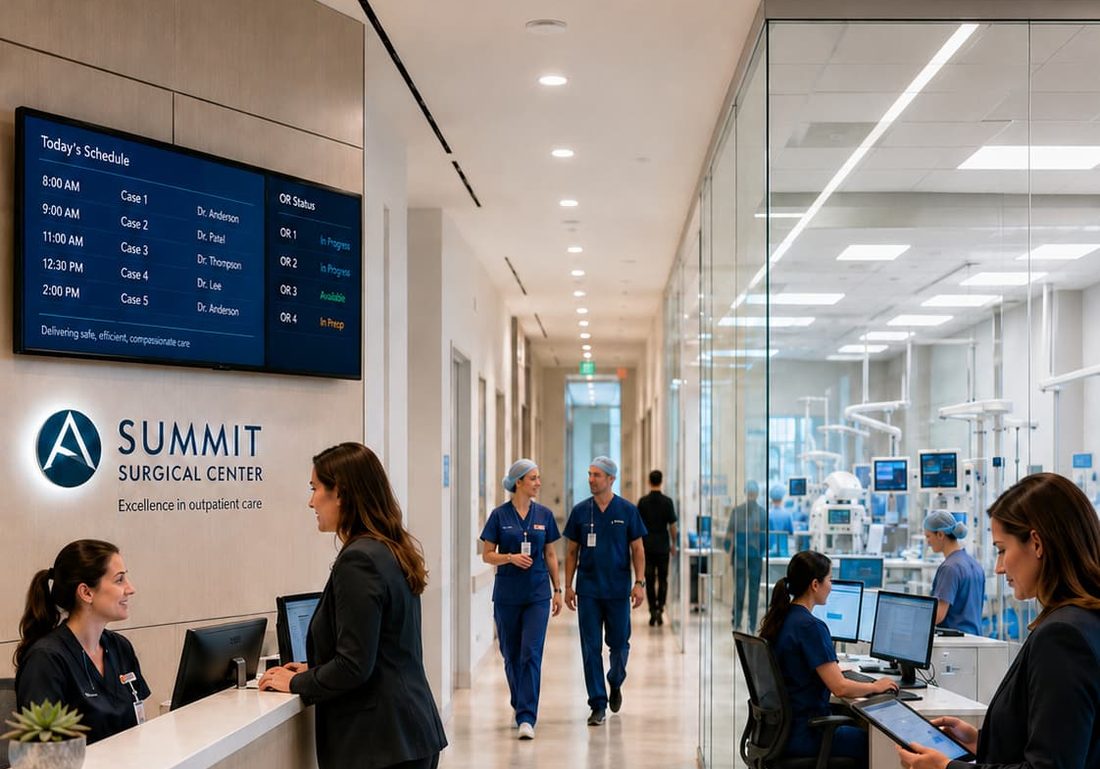 The reception desk of an outpatient surgical centre, clinicians in scrubs walking the corridor and an operating room visible through glass