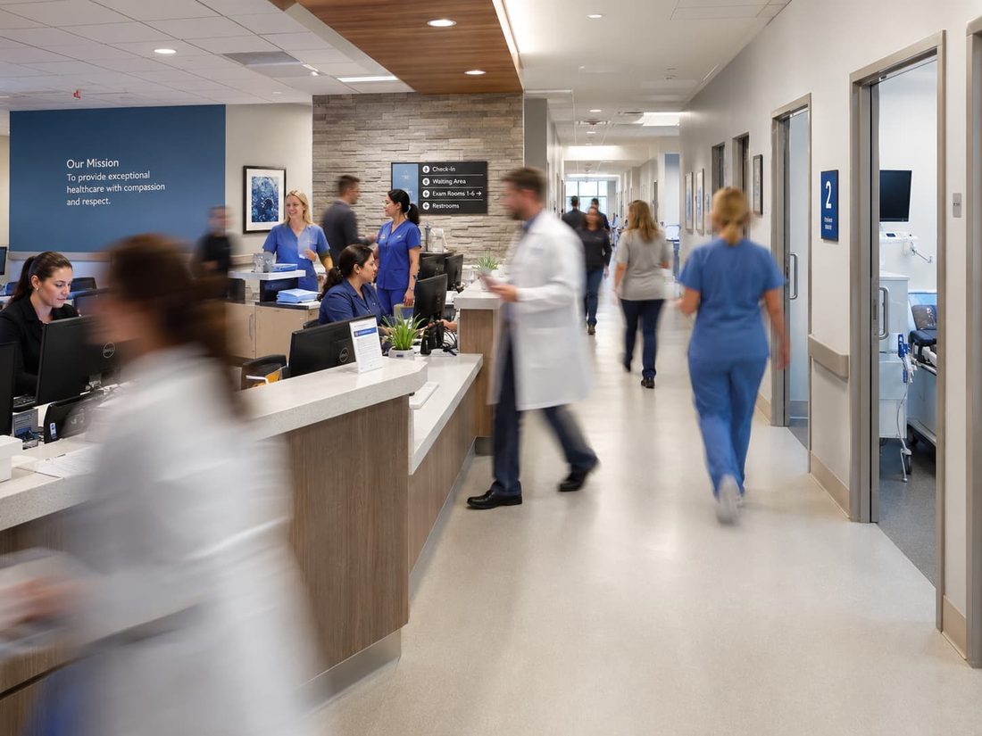 Staff moving between the front desk and the exam rooms of a busy outpatient clinic