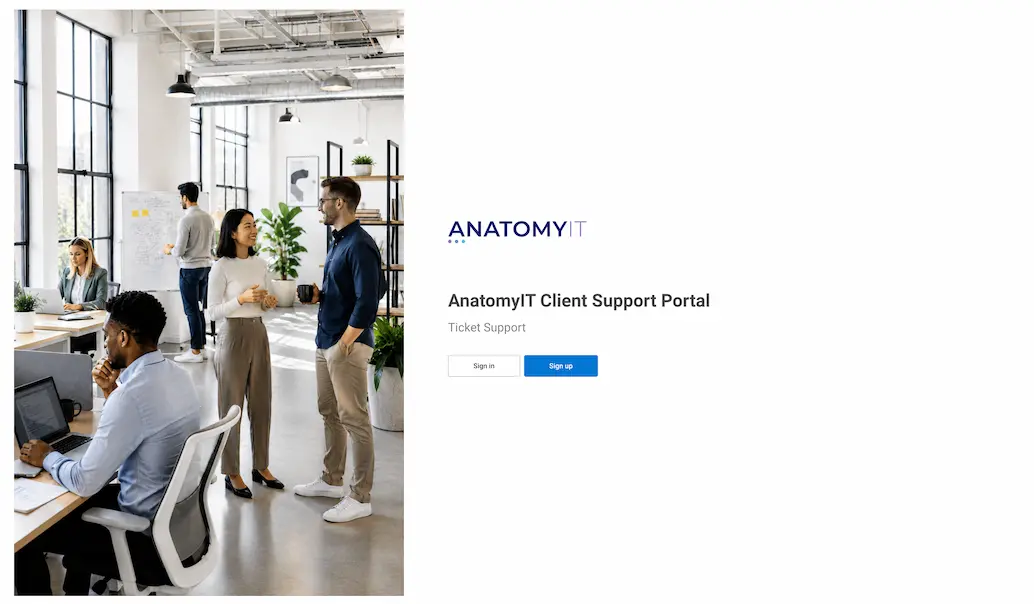 The AnatomyIT Client Support Portal sign-in page, with an office photo alongside the Sign in and Sign up buttons