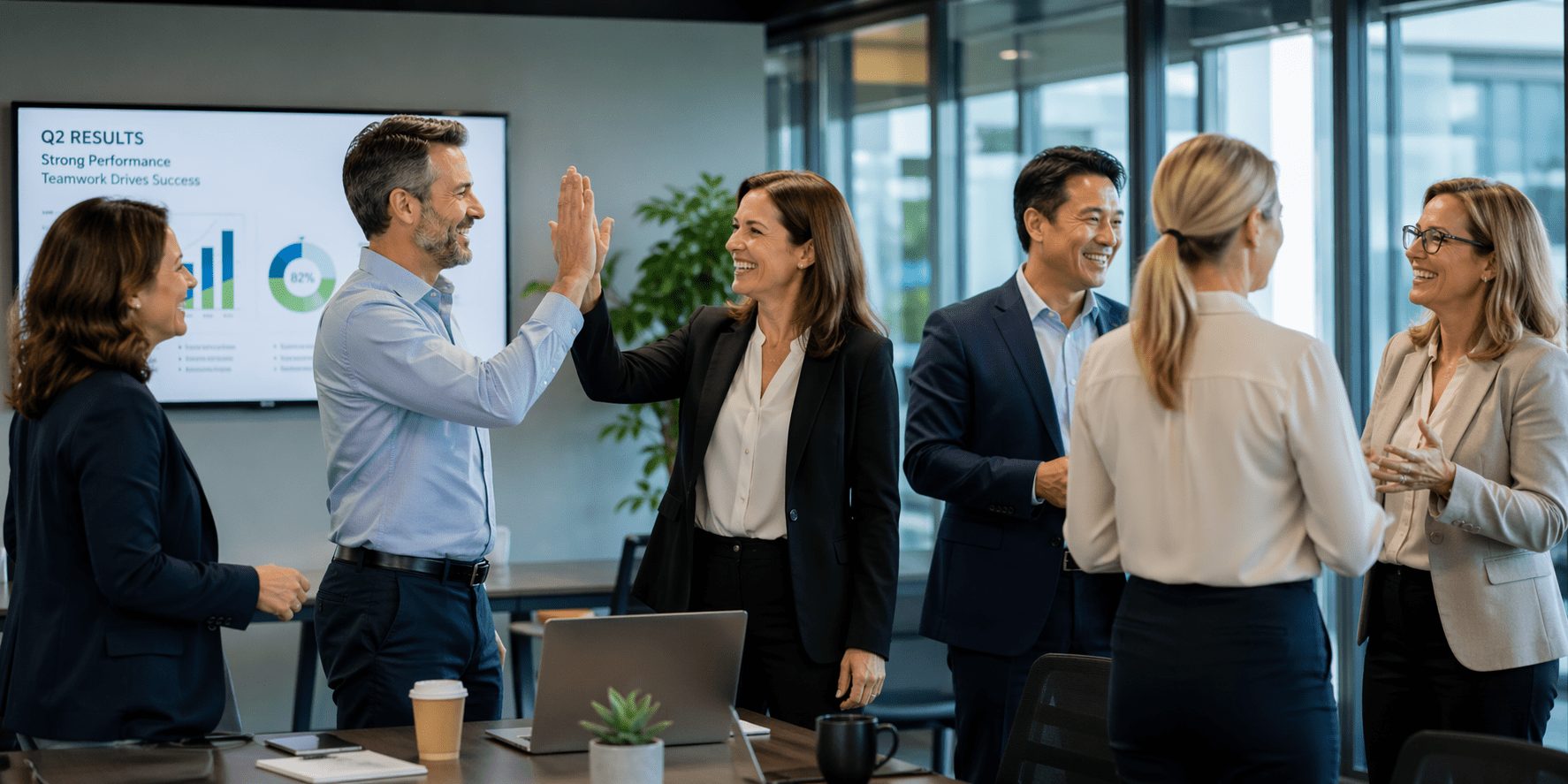 Six colleagues around a meeting table, two of them sharing a high five, a quarterly results slide on the screen behind them