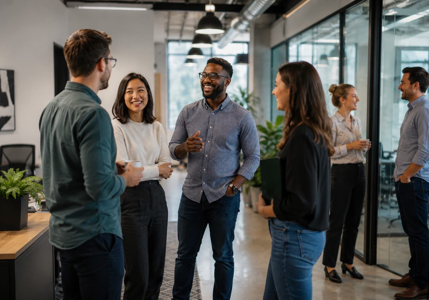 Colleagues standing and talking in an open-plan office, coffee in hand