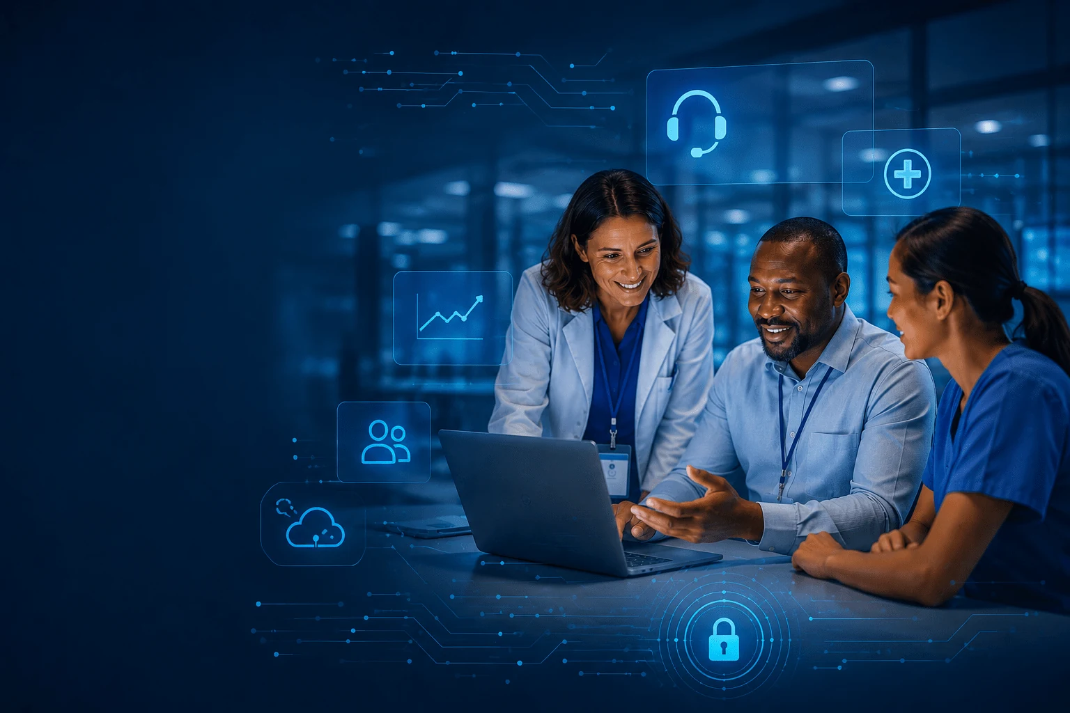 Three healthcare workers smiling at a laptop, outlined icons for security, cloud, reporting and support drawn over the dark blue room around them